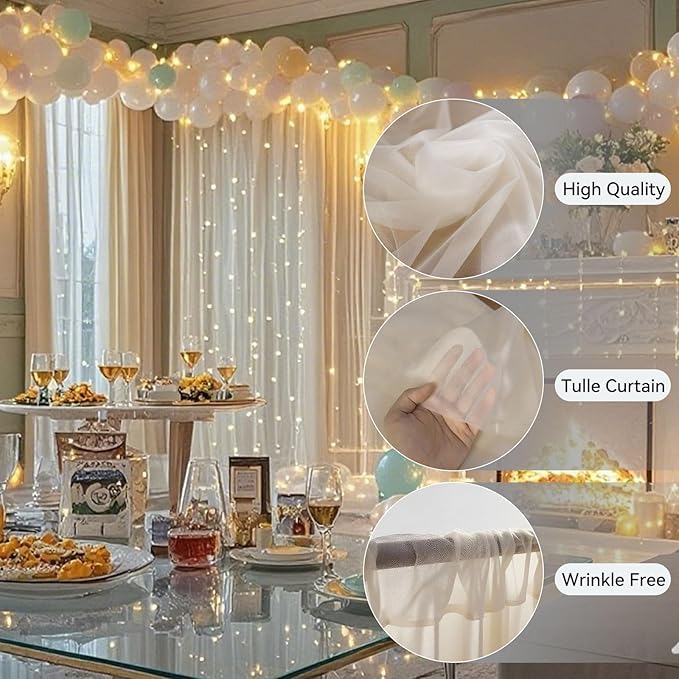 10×10ft Tulle Backdrop Curtains with Lights String - 300LED Fairy Lights Sheer Curtain Backdrop for Weddings Baby Shower and Birthday Party Decorations(6 Panels 5×10ft)