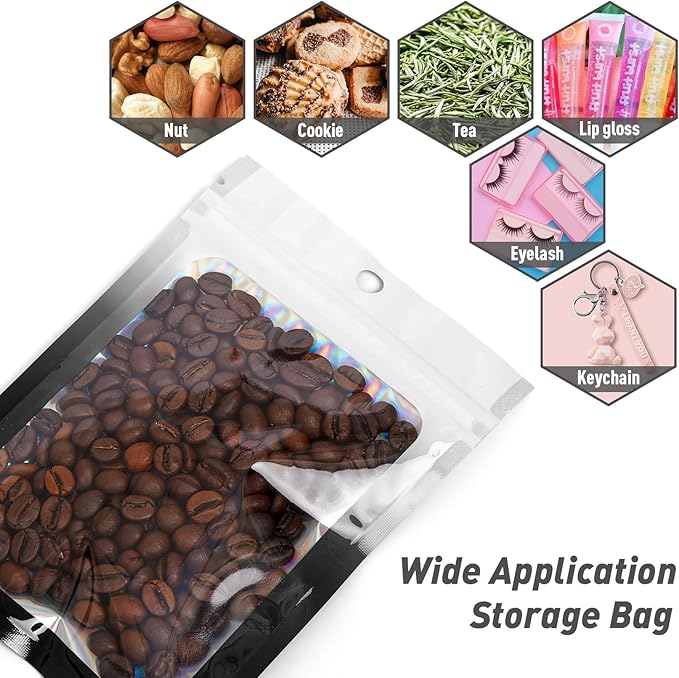 Funfery 100 Pack Gradient Holographic Bags,Resealable Bags with Zipper,Clear Window Packaging Pouchs,Foil Bag for Food Storage,Small Business,Sample Jewelry Bag(5.5×7.9In,White Black)
