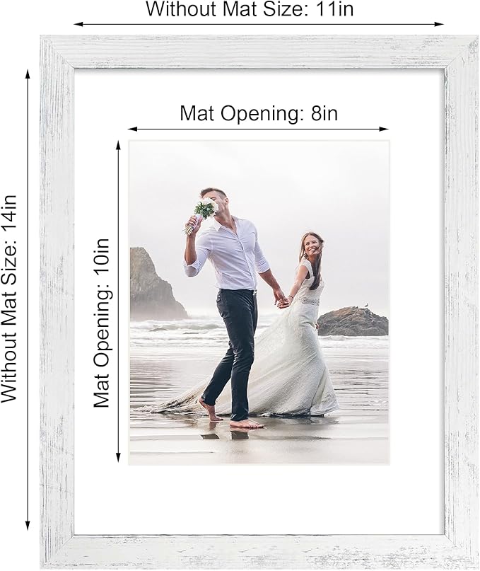 11x14 Picture Frame Set of 4 with Tempered Glass, Distressed White Frame Display 8x10 Picture with Mat or 11 x 14 Without Mat, Wood Rustic Photo Frames for Horizontal or Vertical Wall Mounting