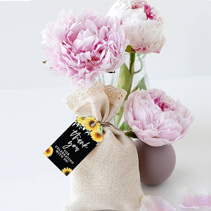 Andaz Press 100-Pack Thank You for Celebrating with Us Favor Tags Sunflowers Black Background Cardstock Gift Tags with Bakers Twine for Wedding Baby Shower Bridal Shower Party Favors 2 x 3.75-Inches