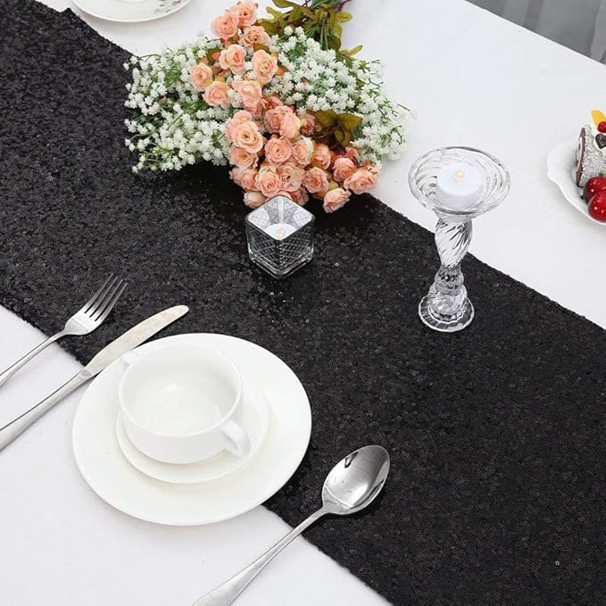 Sequin Table Runners 2 Pieces Black Table Runners 12x72Inch Glitter Dining Table Cover for Party Wedding Birthday Reception Banquet Decoration Halloween Party Chair Sashes