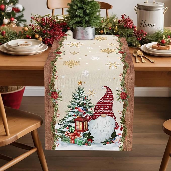 Christmas Gnomes Cotton Linen Table Runner for Dining Kitchen, Xmas Pine Tree Snowflake Rustic Wedding Outdoor Party Tablerunners Decoration, Retro Wood Dresser Scarf Tablecloth Runners 13x70 Inches