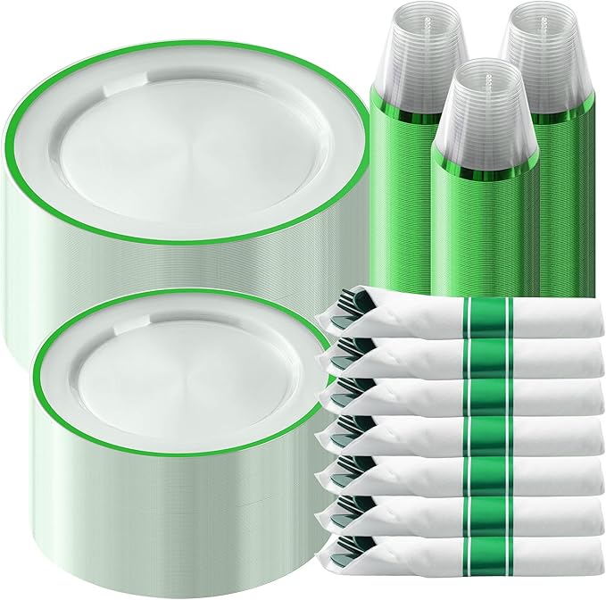 Plates for 50 Guests: Green Plastic Party Set with Cups and Cutlery
