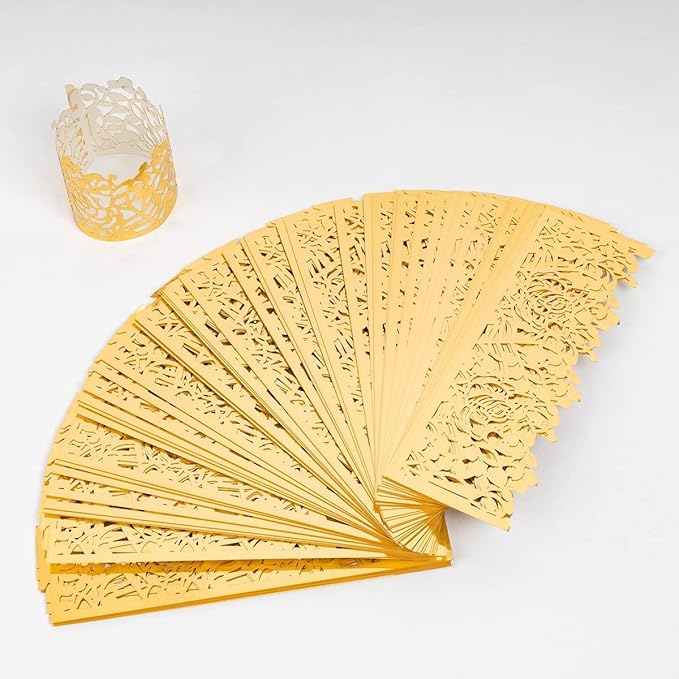 100pcs Disposable Rose Flower Paper Napkin Rings Laser Cut Foil Paper Napkin Holder, Leaf Vine Serviette Rings for Table Decoration,Christmas,Wedding,Party (Gold)