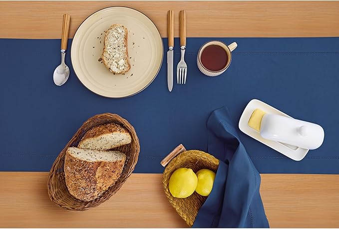 Solino Home Table Runner 108 Inches Long - Cotton Linen Hemstitch Lapis Blue Table Runner 14 x 108 Inch for Fall, Autumn