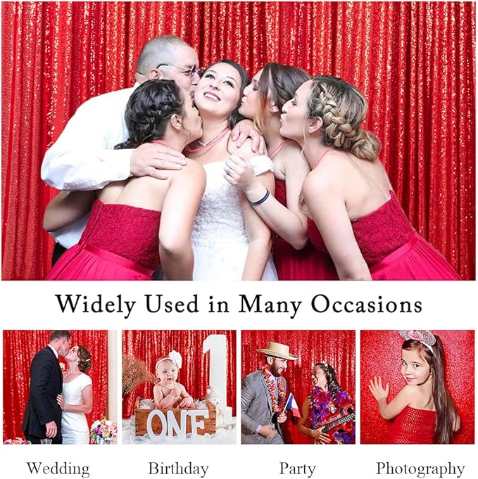 ShinyBeauty Red Sequin-Backdrop-Curtain 2Panels 5FTx10FT Glitter Wedding Photography Background Shimmer Curtains Payette Sequin Backdrops Red Sequins Fabric Backgrounds