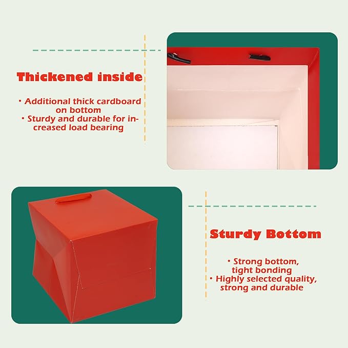 Gift Bags, Red Paper, 12x12 Inch Square Bottom with Handles, Pack of 10