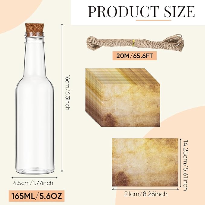 Baderke 12 Pcs 5.6 oz Message Bottles with Letter Printer Paper Plastic Bottles & Corks Twines for Message Invitations Birthday Wedding Baby Shower DIY Crafts Gift Party Favors (Vintage)
