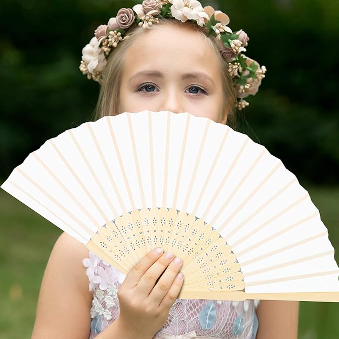 URATOT 36 Pieces White Folding Fans Silk Bamboo Folding Fans Handheld Fans for Wedding, Party Decoration