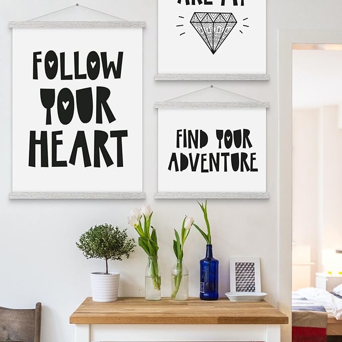 Magnetic Poster Hanger, 24x36 24x18 24x32 Poster Frame Wood Wooden Magnet Print Posters Dowel Scroll Hanger Hangers Hanging Kit for Walls Map Canvas Artwork (Grey, 24")