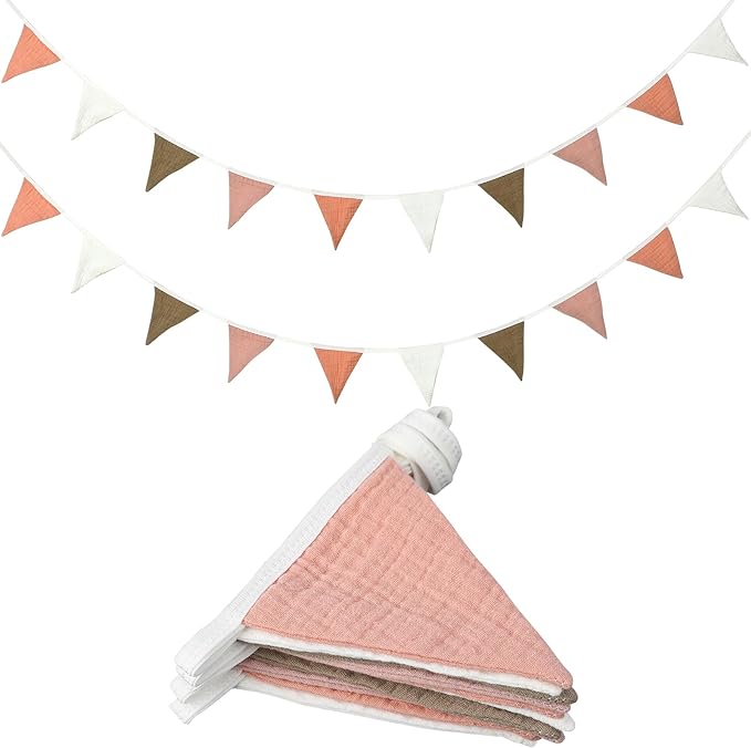 Pennant Banner Garland, Cotton, 2 Strips of 10 Flags, Pink and White