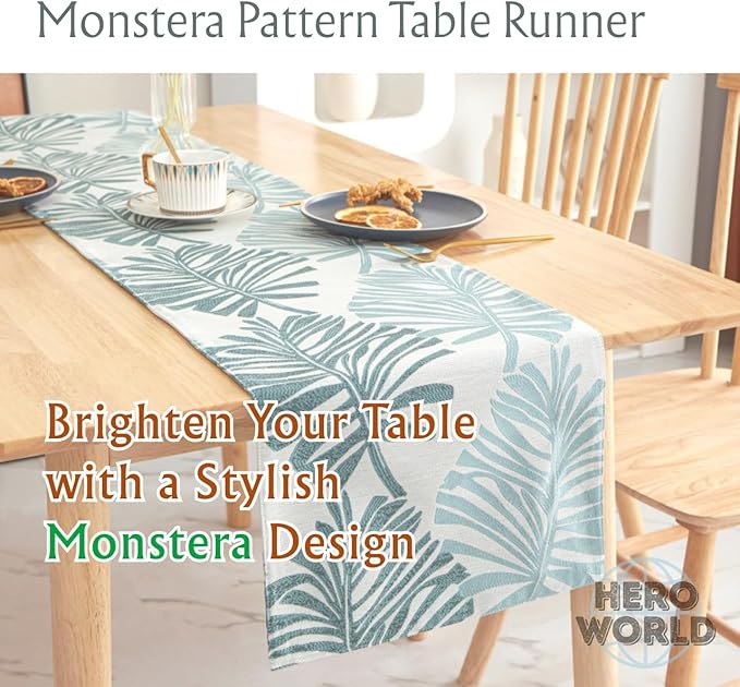 Monstera Leaf Table Runner – Elegant Fabric Table Centerpiece, Machine Washable, Gold or Green, 71"/83"/94" Length, 13" Width (Gold/94)