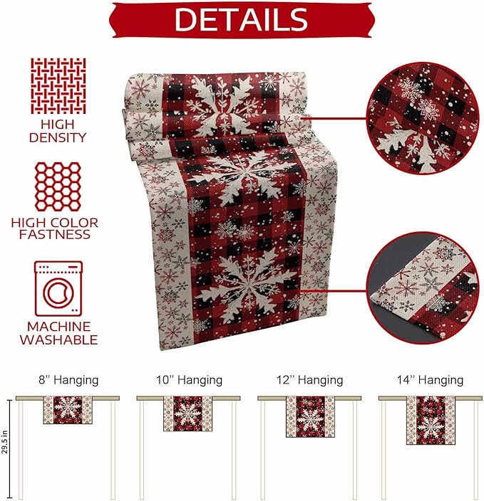 Buffalo Plaid Christmas Cotton Linen Table Runner for Dining Kitchen, Snowflake Red Black Check Wedding Outdoor Party Tablerunner Decoration, Retro Dresser Scarf Coffee Tablecloth Runners 13x60 Inches