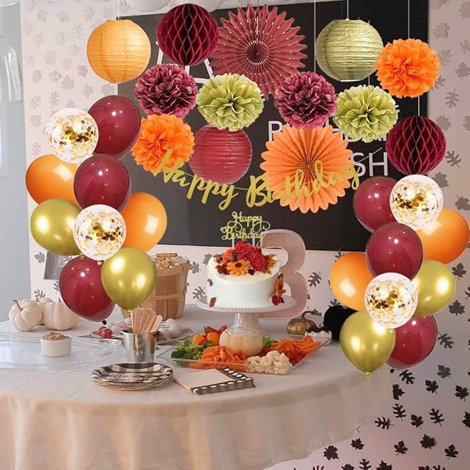 Tissue Pom Poms for Fall Birthday Party, Burgundy Orange and Gold Decor Set