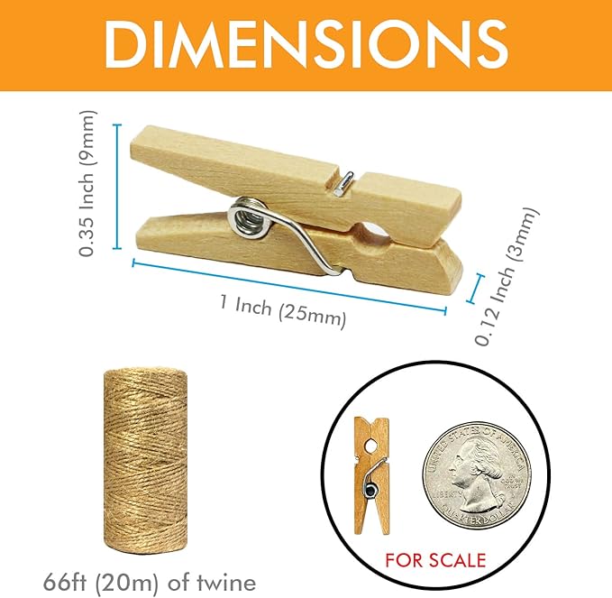 Mini Natural Wooden Clothespins with Jute Twine, 250pcs, 1 Inch Photo Paper Peg Pin Craft Clips with 66ft Natural Twine for Scrapbooking, Arts & Crafts, Hanging Photos (10 Colors)