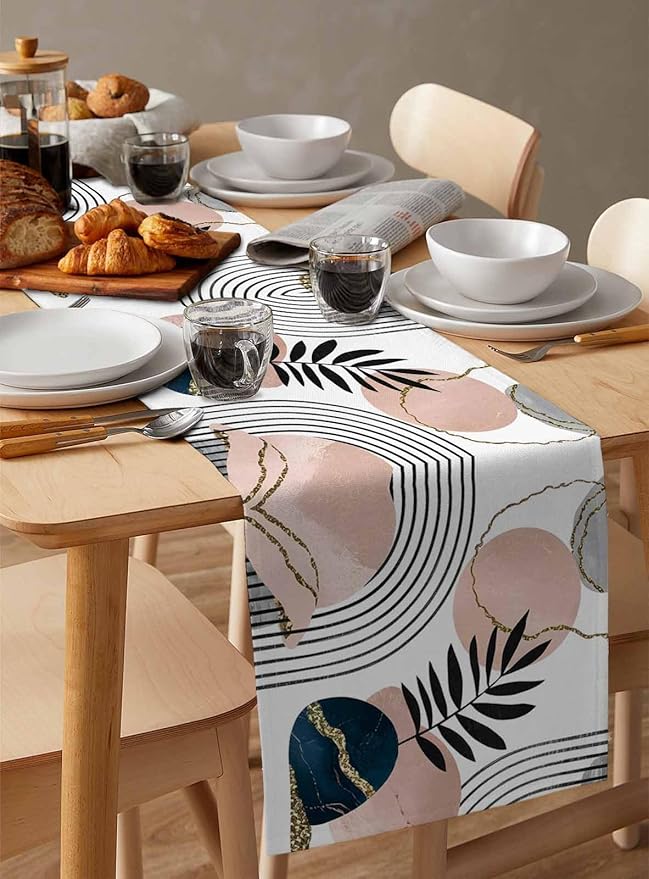 Modern Boho Cotton Linen Table Runner for Dining Kitchen, Wedding Outdoor Party Tablerunners Decoration, Abstract Bohemian Tropical Palm Leaf Dresser Scarf Coffee Tablecloth Runners 13x60 Inches