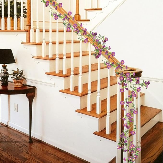 2 Pack Artificial Purple Flower Garland Silk Daisy 13FT Fake Vines Purple Birthday Party Decorations Wisteria Hanging Flowers Garland for Backdrop Arch Wall Home Wedding Indoor Cemetery Decor