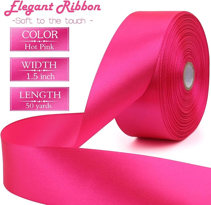 Hot Pink Solid Satin Ribbon 1-1/2 Inch 50 Yards Solid Polyester Fabric Ribbon for Gift Wrapping Wedding Christmas Baby Shower Birthday Party Decoration Handmade Immortal Flower Craft