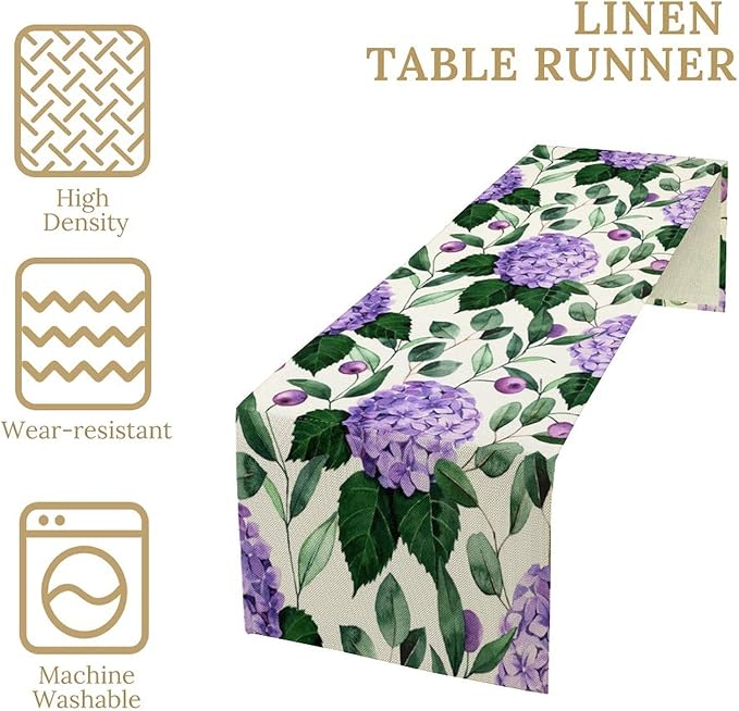 Spring Hydrangea Flower Table Runner, Seasonal Summer Plants Eucalyptus Leaves Purple Florals Dinner Runner for Home Kitchen Dining Table Party Holiday Decoration 13"x36"