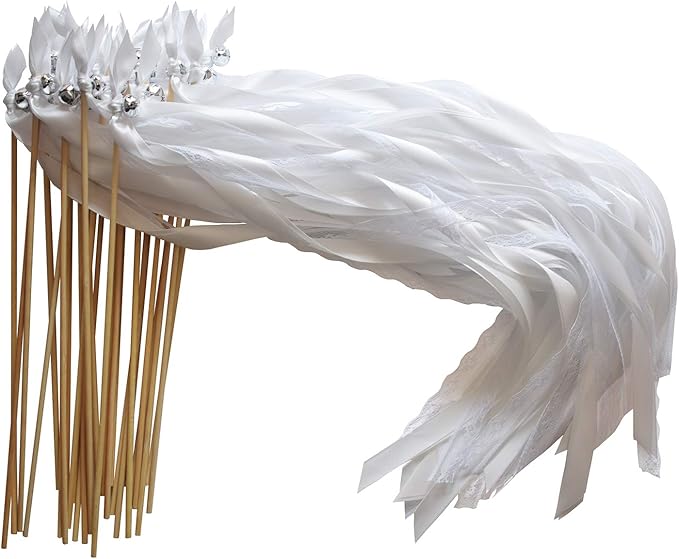 Kingsnow 50 Pack White Lace Ribbon Wands Wedding Streamers with Silver Bells, Silk Fairy Stick Wish Wands for Wedding Send off Party Activities Holiday Celebration