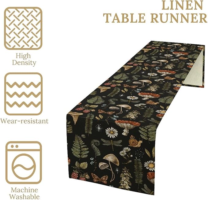 Mushroom Table Runner,Retro Forest Plant Table Runner for Kitchen Dining Table Home Party Decoration 13x36 Inch