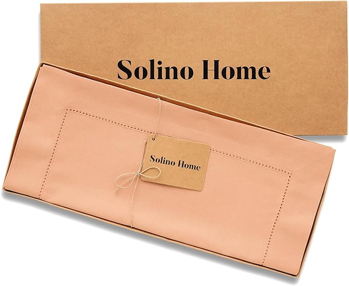 Solino Home Cotton Linen Table Runner 90 Inches Long - Hemstitch Peach Bloom Dining Table Runner 14 x 90 Inch