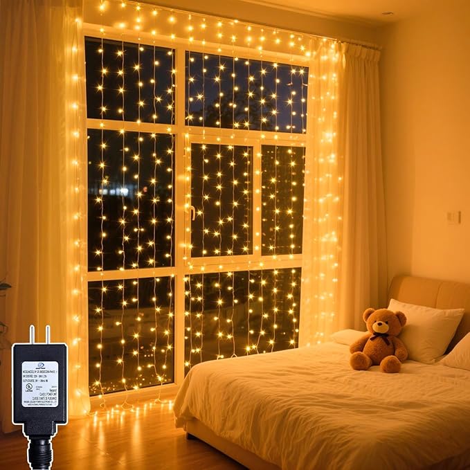 300 LED Curtain String Lights 9.8FT Plug in Fairy Lights with Timer and 8 Modes, Waterproof Window Wall Lights for Bedroom Wedding Party Indoor Outdoor Christmas Decor