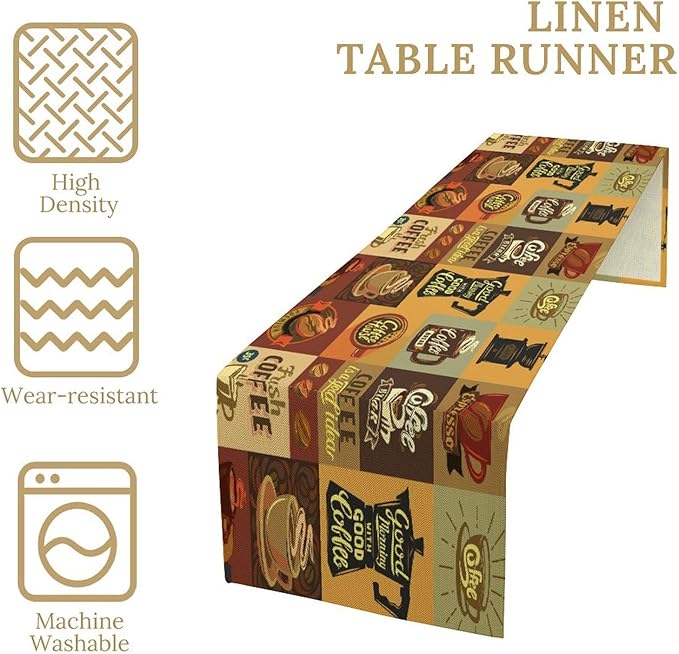 Coffee Table Runner,Vintage Style Coffee Beans Cups Theme Design Pattern Print Tablecloth Burlap for Hotel Indoors Outdoor Dining Room Kitchen Holiday Party, 13x108in