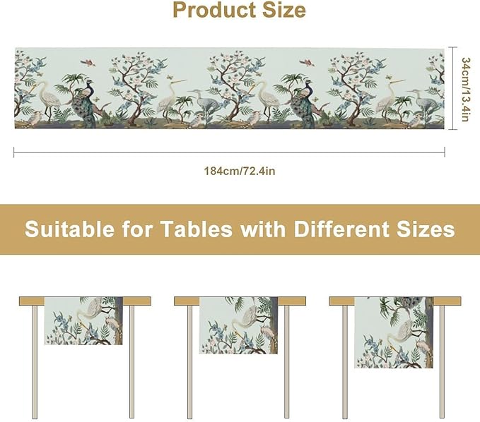 Peacock Table Runner,Retro Chinese Peonies Flowers Peacock Table Runner for Home Kitchen Dining Party Indoor Outdoor Decoration 13x108 Inch