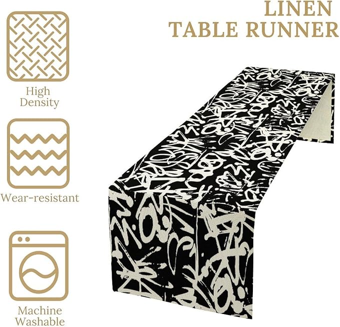 Graffiti Table Runner,Black White Abstract Messy Art Theme Pattern Print Tablecloth Burlap for Hotel Indoors Outdoor Dining Room Kitchen Home Decor,W13X L80 in