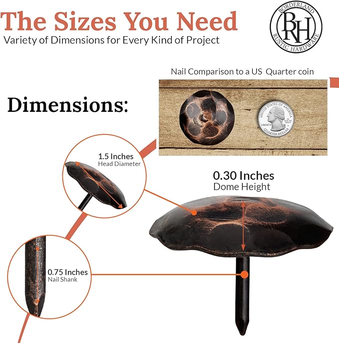 10 Pack 1.5" Round Head Iron Clavos Decorative Nails – Oil Rubbed Bronze – Handmade Rustic Round Fasteners for Farmhouse Shutters, Faux Wood, Barn Doors, Shutters, Gates – Ornamental Wood Accent