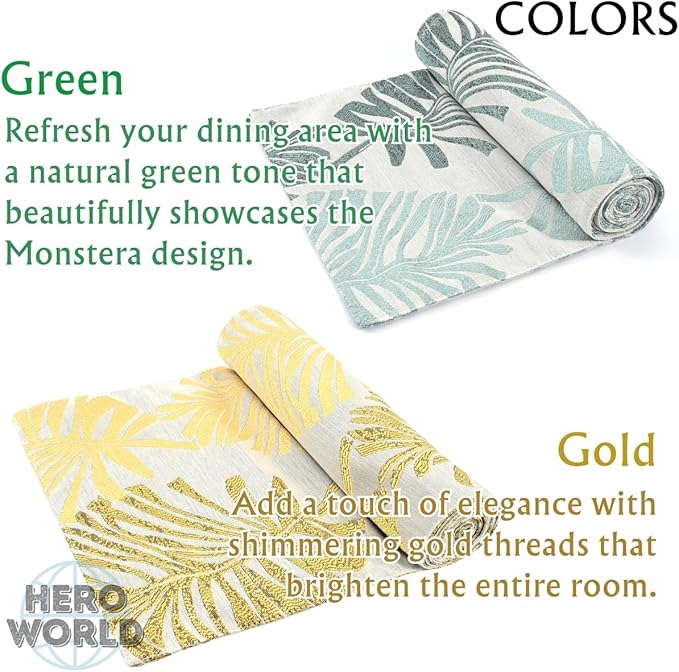 Monstera Leaf Table Runner – Elegant Fabric Table Centerpiece, Machine Washable, Gold or Green, 71"/83"/94" Length, 13" Width (Gold/94)
