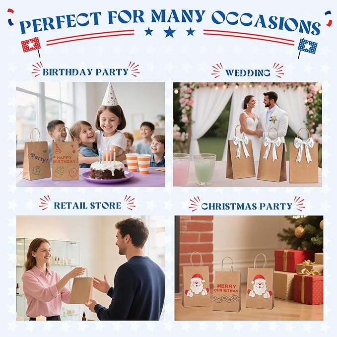 Gift Bags, Brown Kraft Paper, 5.25 x 3.75 x 8 Inch, Pack of 500