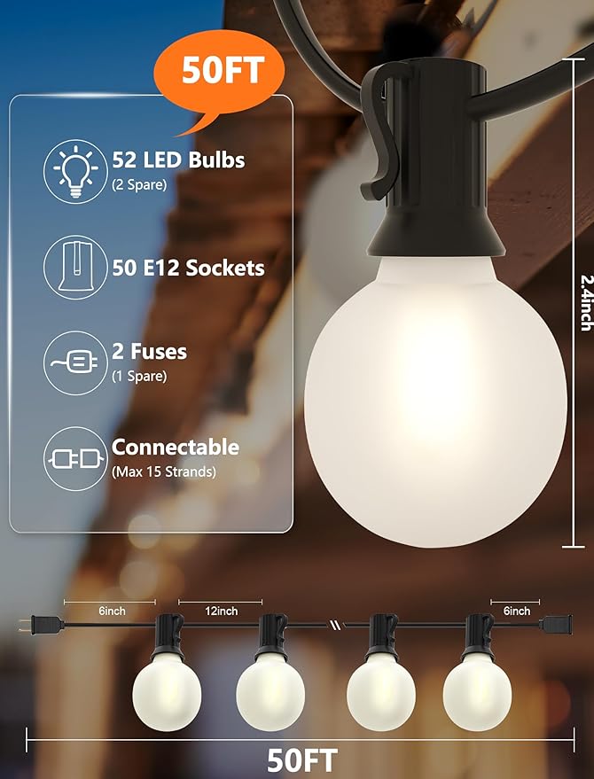 String Lights 50 FT Waterproof G40 Frosted White Globe Bulbs