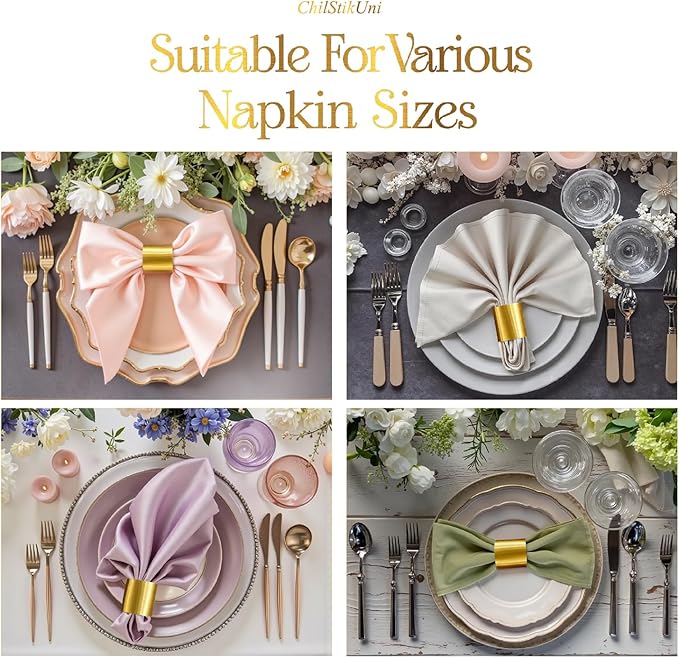 Polymer Material Reusable Napkin Band, Glue-Free Tear-Proof Water Resistant Oil-Proof Napkin Bands Set of 50(Front Brushed Gold Color and Back Silver), 6 Adjustable Sizes Napkin Rings