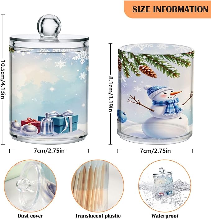 Gredecor Christmas Winter Qtip Holder Dispenser 2 Pack Snowman Snowflake Pine Cones Gifts Bathroom Decorative Storage Canister Holder Counter Vanity Organizer for Cotton Ball Swabs Pads Floss