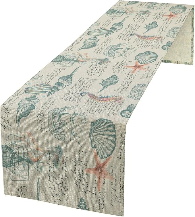 Starfish Table Runner,Seashells Beach Coastal Nautical Sailboat Jellyfish Vintage Hand Drawn Burlap for Hotel Indoors Outdoor Dining Room Kitchen Table Decor, 13x108in