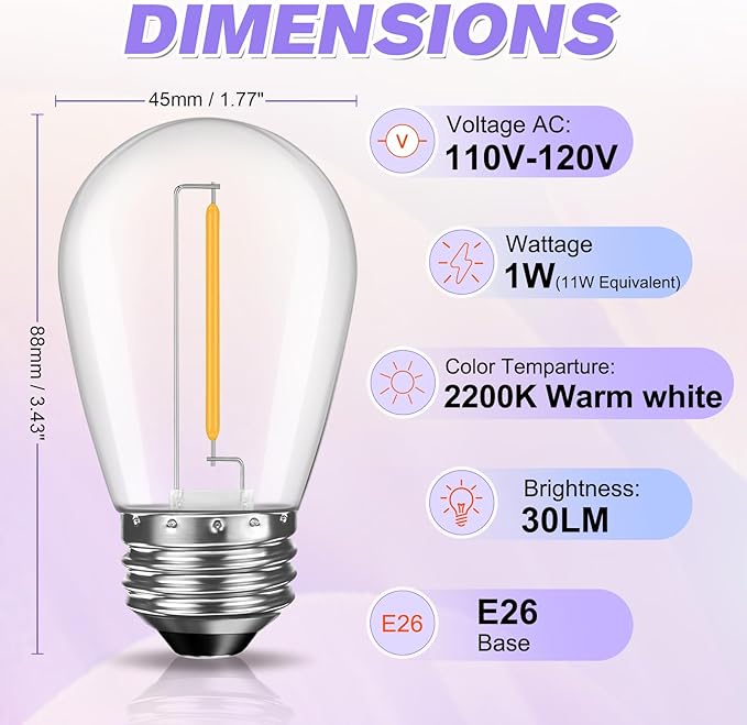 LED S14 Replacement Bulbs for String Lights, Warm White, E26 Base