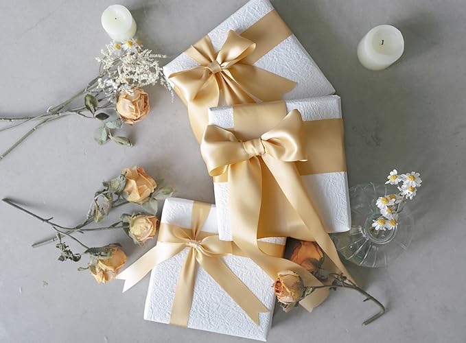 Champagne Satin Ribbon 2.5 Inch Double-Faced Polyester Ribbons 25 Yards for Hair Bows Gift Wrapping Crafts Floral Bouquet Wedding Invitations