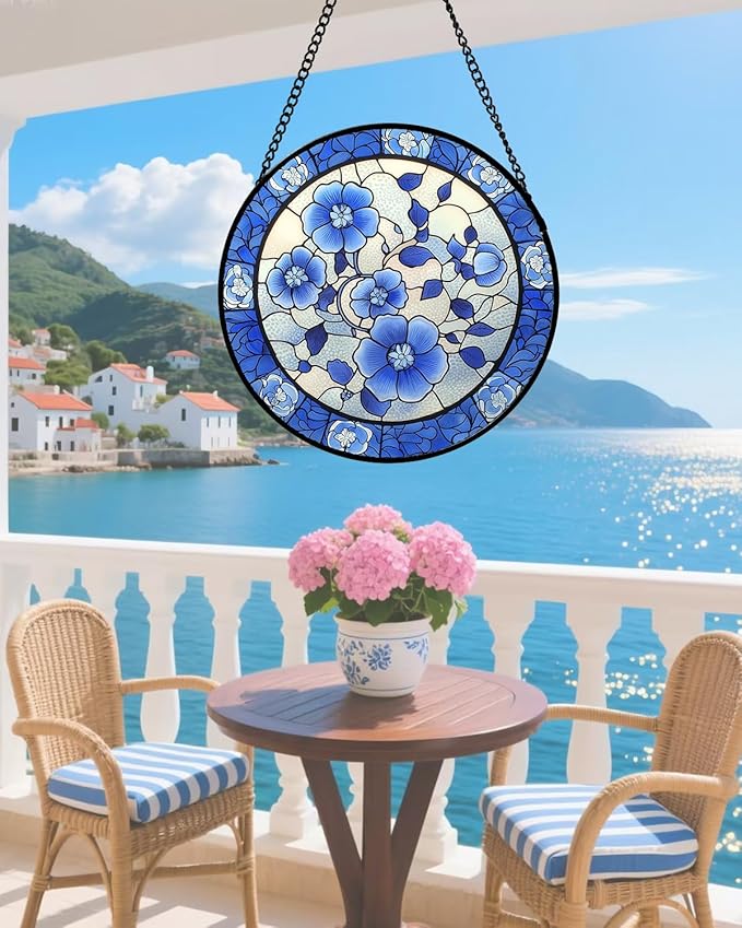 Stained Glass Window Hanging, Blue and White Plum Blossom Sun Catcher for Door Home Decor Flowers Suncatcher Christmas Mother's Day Birthday Gifts for Women Men Mom and Nana 7.8 in
