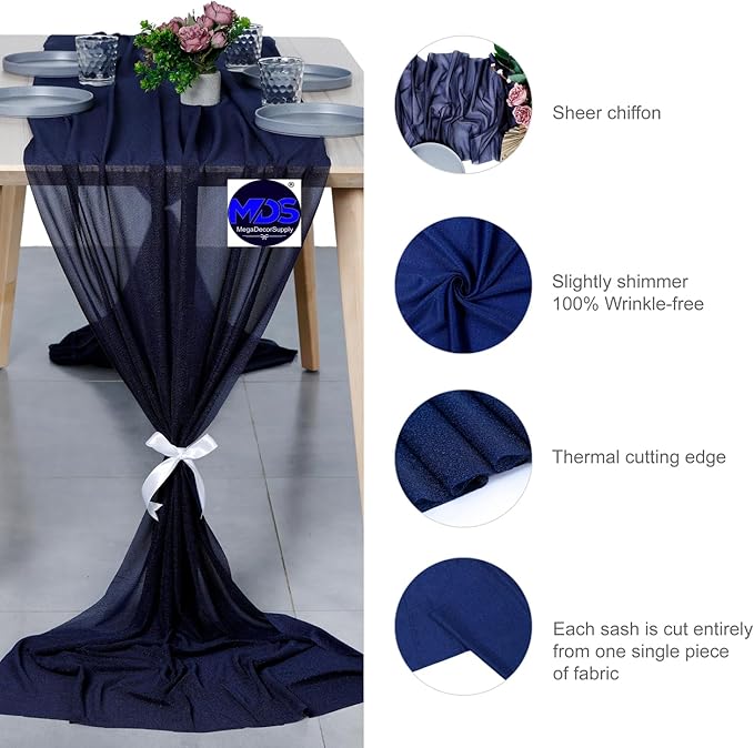 MDS 25 Pack 10ft Chiffon Table Runner 29 x 120 Inches Sheer Wedding Runner Romantic Rustic Table Runner for Wedding Decorations, Birthday Parties, Bridal Shower Party Arch Decor - Navy Blue