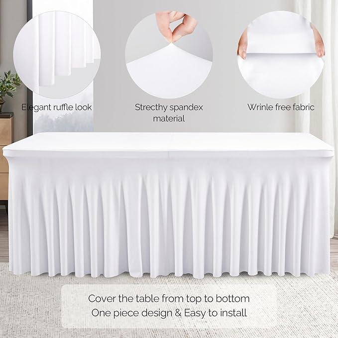 Wish Care 6 Pack White Spandex Table Clothes for 6 Foot Rectangle Tables, 6FT Wrinkle Free Fitted Tablecloths Ruffles Design Table Cover for Party, Banquet, Wedding and Events