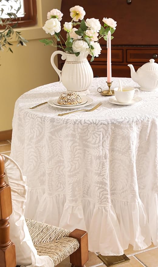 patdrea Vintage Ruffle Tablecloth for Round Tables,Farmhouse Embroidered Cotton White Lace Table Cloth Cover Decor for Dining Room Wedding Banquet Thanksgiving Christmas,Dimaeter 67"
