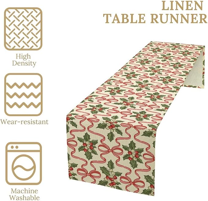 Christmas Table Runner,Xmas Holiday Bowknot Decor Table Cloth Kitchen Dining Table Decoration for Home Party Decor 13x36 Inch