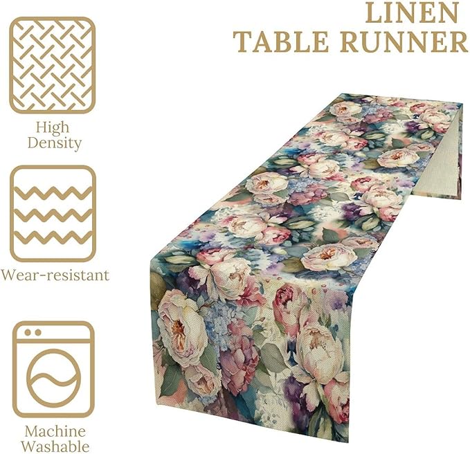 Vintage Floral Table Runner,Girls Women Rose Romantic Leaf Botanical Watercolor Pattern Print Burlap for Hotel Indoors Outdoor Dining Room Kitchen Holiday Party, 13x36in