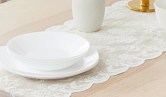 LinenZone Ivory Table Runner with 2 Tassels for Rustic Vintage Decor. Lace Table Runner Works Great As Wedding, Thanksgiving, Christmas Decor (Mia 14 x 36, Ivory)