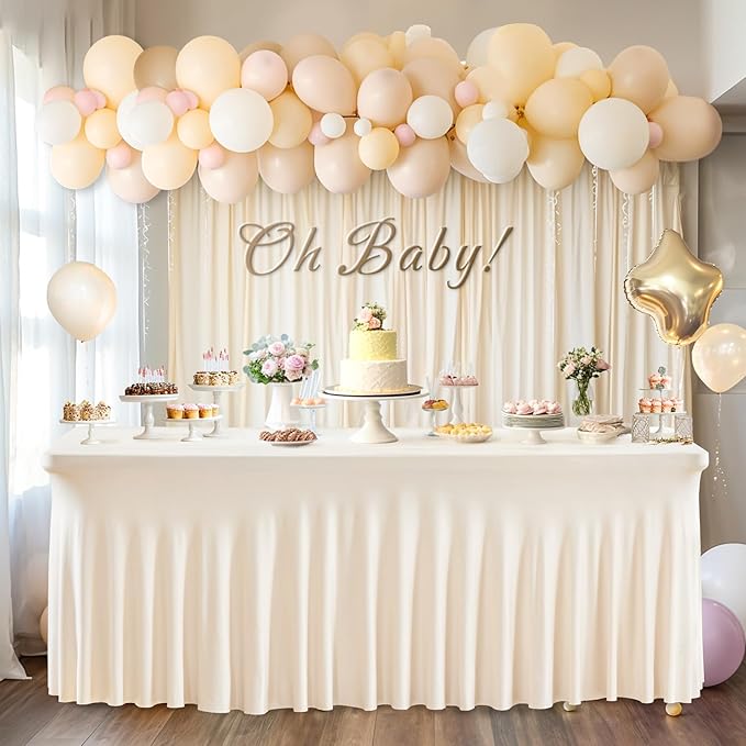 Wish Care 6 Pack Ivory Spandex Table Clothes for 8 Foot Rectangle Tables, 8FT Wrinkle Free Fitted Tablecloths Ruffles Design Table Cover for Party, Banquet, Wedding and Events