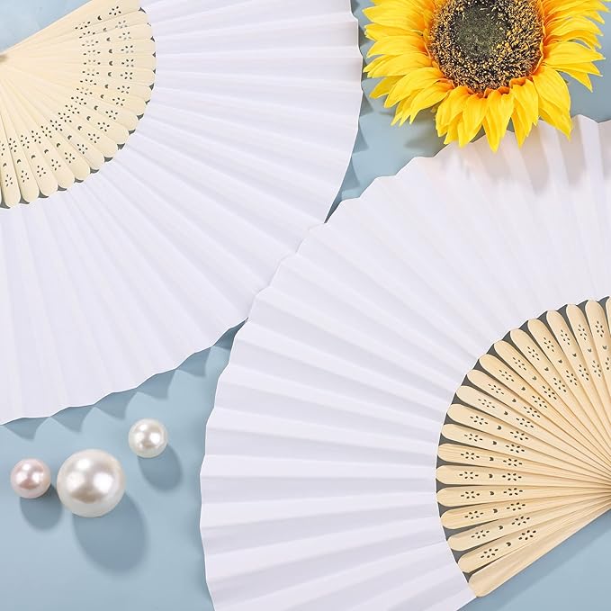 Aneco 48 Pieces Handheld Paper Fans Paper Folding Fans with Bamboos for Wedding Gift, Party, Home, DIY, White