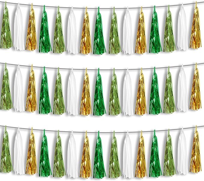 3P Sage-Green Beige-Mint Gold Foil Fringe Metallic Tassel Garland Banner, Tassels Banner Streamers for Parade Floats, Bachelorette, Wedding, Birthday, Christmas, Bridal/Baby Shower Party Decorations