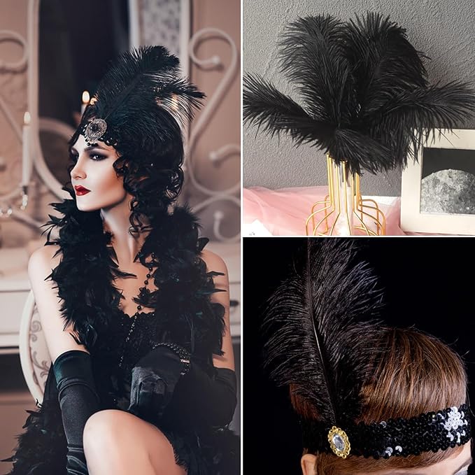 NEWONG 30pcs Black Ostrich Feathers Natural Bulk 8-10inch(20-25cm) Vase Craft Wedding Home Party Centerpieces Christmas Day Decoration